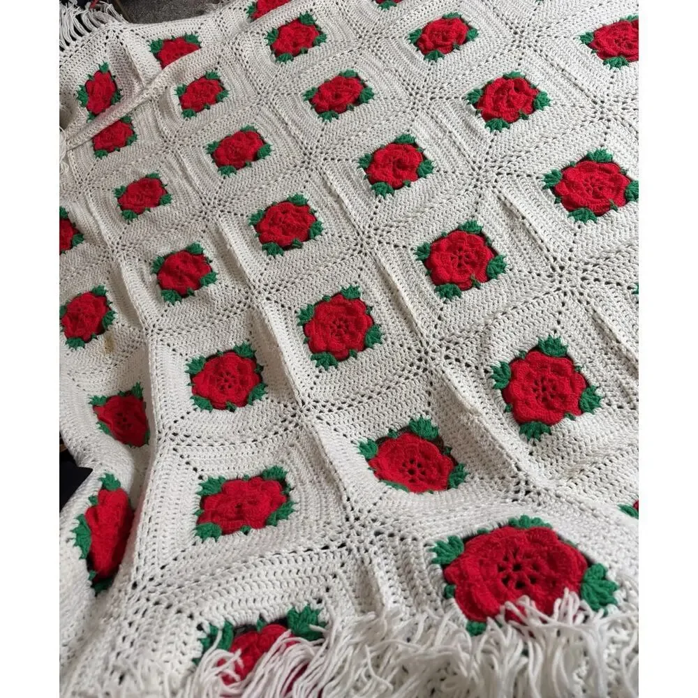 Vintage Handmade Crochet Afghan Blanket Red Roses Flower Throw XL 90in X 80in